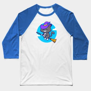 Cute Witch Cat Riding Magic Broom Cartoon Baseball T-Shirt